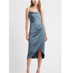 NWT Open Edit Cowl Neck Satin Mini Dress Blue Size S